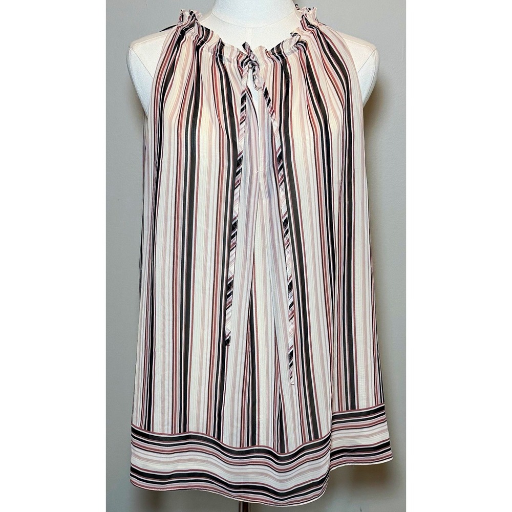 Max Studio Striped Chiffon V-Neck Ruffle Sleeveless Blouse Women L Flowy Light